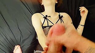 feeling so sexy in lingerie as she strokes my cock, ending covered in cum