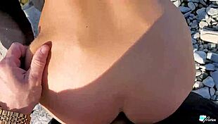 Blonde amateur GETS FUCKED doggystyle on PUBLIC beach in paradise with tight pussy.