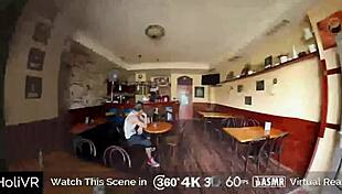 at holivr cafe, this horny brunette rides big cock in cowgirl position