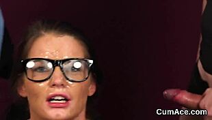 horny beauty gets cum load on her face, gulping all the jizz?