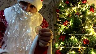 Bad santa claus wishes you a merry christmas and happy new year with dirty talk and gay cum