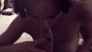 Ali gives blowjob to big dick in closeup view