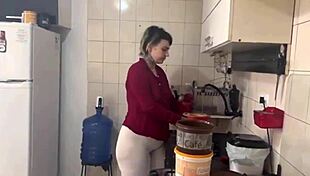 Blonde Brazilian prepares morning coffee in a special way.