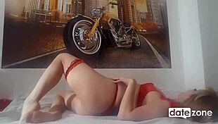 Blonde In Red Lingerie Fingers Herself With Dildo And Toys On Legs