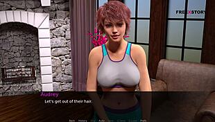 John and Audrey have sex in 69, doggy, and cowgirl positions, with him cumming twice.