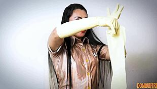 nurse in hospital layers latex gloves for femdom fetish with patient