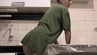 Hidden Cam Catches Maid Cleaning Kitchen with Huge Surprise Asset