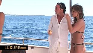 Brunette With Natural Tits Bent Over For Hard Threesome DP On Yacht