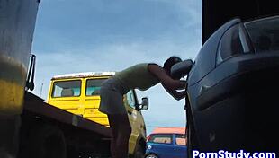 Nudist Eurobabe Teases Mechanics in Public