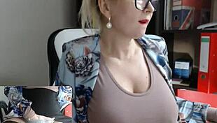 the sexy blonde nerd babe with big tits enjoys a solo session at home