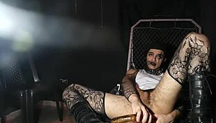 College student curiously explores two-headed dildo solo