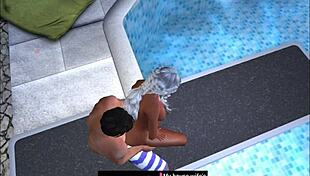 Captured on the public pool's jumping board in cartoon style