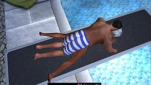 Captured on the public pool's jumping board in cartoon style