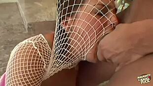 Chubby brunette rides cock in anal threesome, bent over for double penetration.