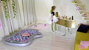 Petite girl in bee costume licks honey and sucks cocks.