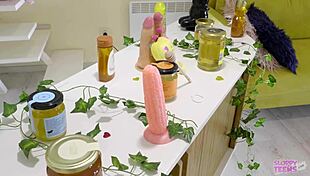 Petite girl in bee costume licks honey and sucks cocks.