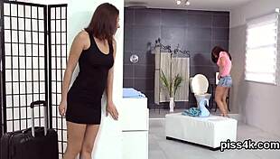 Sultry lesbian chicks get sprayed with piss and burst wet cunts