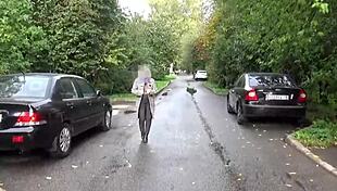 Nylon Big Boobs on Sexy Milf Strutting in Transparent Outdoor Walk