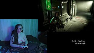 Naked brunette bbw with big natural tits plays Deadspace! What a game!