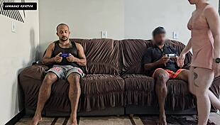 while husband nerd plays video game, wife rides friend's dick in ass