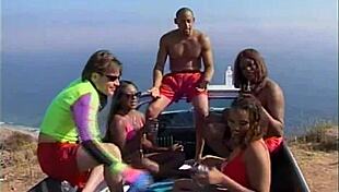 Ebony girl with big tits gives interracial blowjob in missionary.