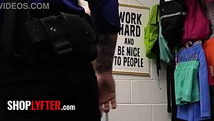 gracious loss prevention officer catches a nerdy shoplifter and shows her real fucking with ripped clothes and footjob