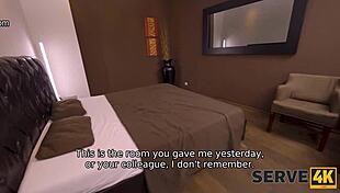 In a hotel room, a blonde with big tits gets banged in a group POV scene