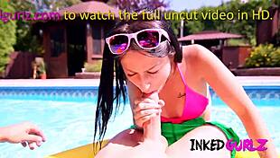 Tattooed Petite Brunette Enjoys Outdoor Pool Activity. Family Fun Ensues.