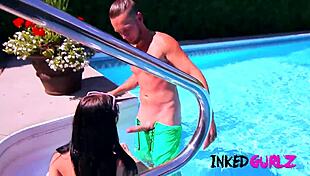 Tattooed Petite Brunette Enjoys Outdoor Pool Activity. Family Fun Ensues.