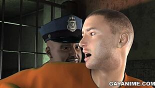 3d cartoon prisoner gets ass fucked by chubby black cop in prison, interracial blowjob and facial
