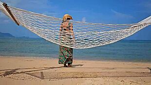 Pretty Girl in Long Dress Flashes No Panties on Crowded Public Beach