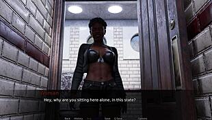 Shaved pussy muff diving leads to intense anal assfucking in a bar femdom encounter.