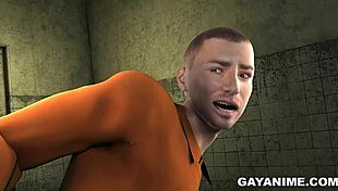 3d cartoon prisoner gets ass fucked by chubby black cop in prison, interracial blowjob and facial
