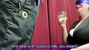 a wife gets tricked into drinking a glass of cum in a taste game.