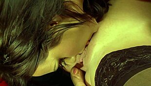 two hot lesbians kissing and diving into muff with toys for licking