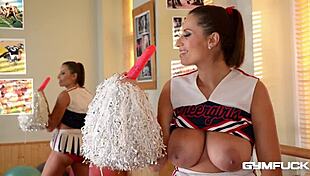 glamour milf cheerleader sensual jane masturbates her big tits and pussy at the gym in european style