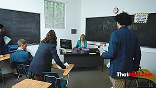 student obsessed with milf teacher fucks her pussy in classroom