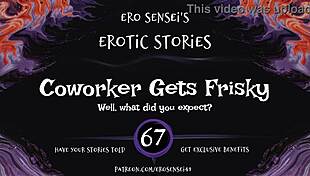 A coworker shares an erotic audio experience leading to intense orgasms.