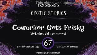 A coworker shares an erotic audio experience leading to intense orgasms.