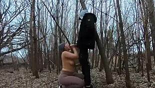 Topless curvy girl sucks cock in public park with blowjob