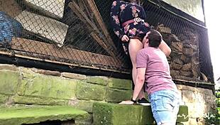 Chubby couple rides in abandoned barnyard