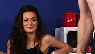 Hey, why’s this CFNM brunette mocking my naked tugging self in heels?