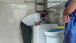 naughty wife teases technician with robe in red sheer.