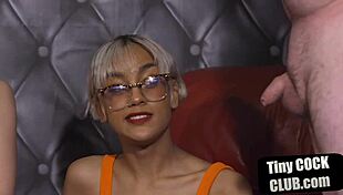 In lingerie, mistresses humiliate their sub by jerking off his micro penis dominantly.