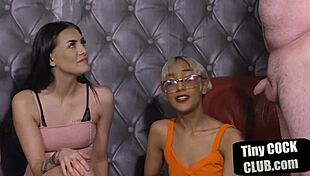 In lingerie, mistresses humiliate their sub by jerking off his micro penis dominantly.