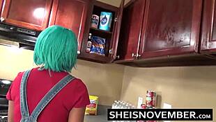Green-Haired Step Sister Gets Face Sitting And Missionary Fucking From Rough Step Brother In Kitchen!