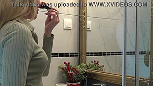 Blonde Wife Changes Panties in Bathroom