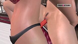 Animated 3D Lesbian Cartoon Shows Cute Girls Exploring Strapon in Two Hot Positions