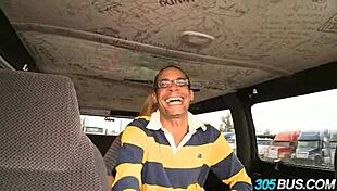 An amateur brunette virgin encounters a massive cock on the bus, leading to humiliation and intense pleasure.