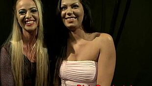 Restrained submissive punished with toys and bondage by dominant lesbian babe in garage